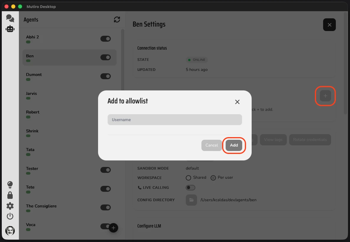 The Mutiro Desktop agent settings showing the Add to allowlist dialog with a Username field and Add button, opened from the plus button in the allowlist section