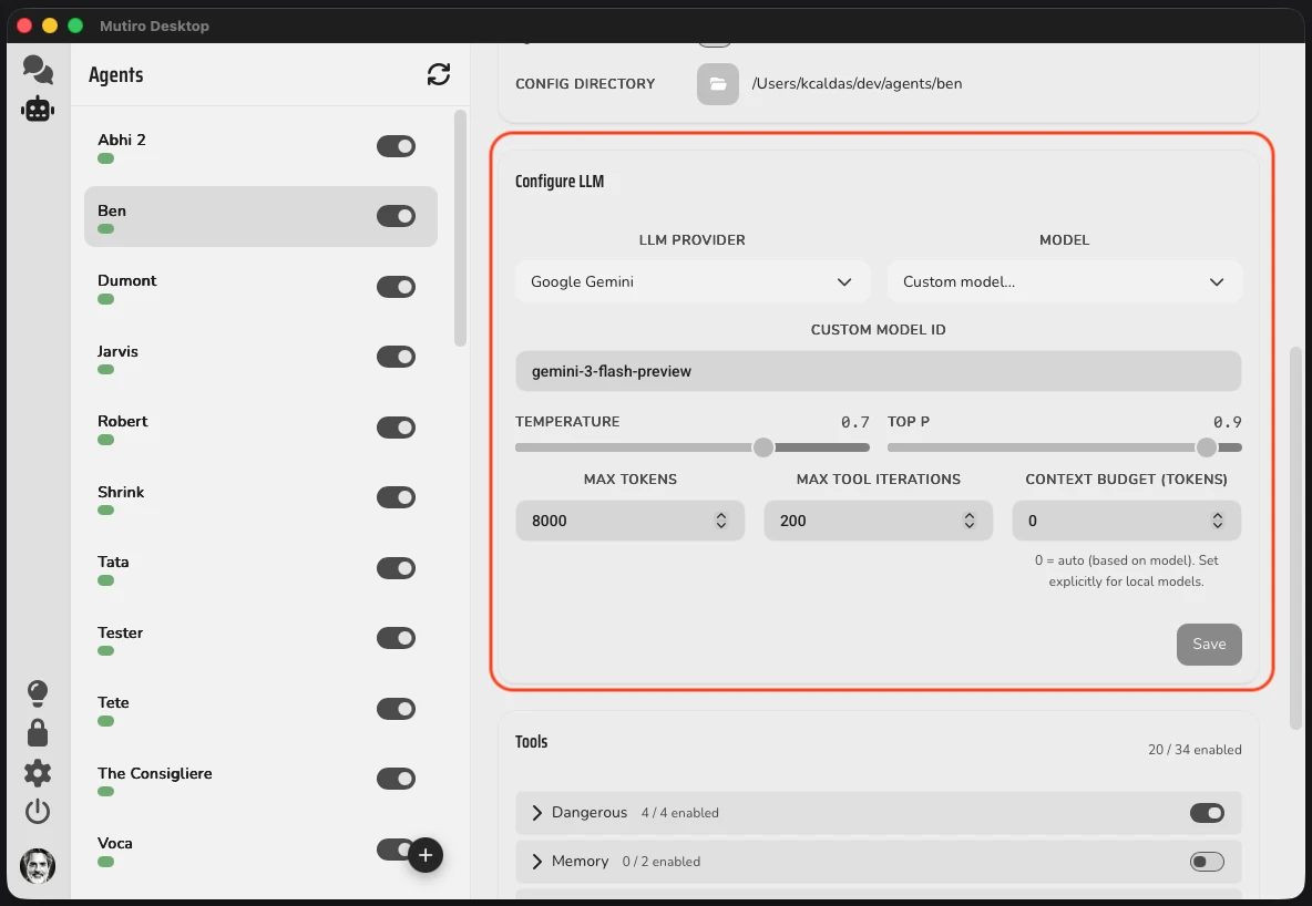 The Configure LLM section in agent settings showing LLM provider dropdown, model selection, custom model ID, temperature, top P, max tokens, max tool iterations, and context budget