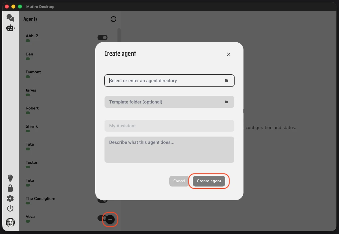 The Mutiro Desktop Create agent dialog with Agent directory, Template folder, Display name, and Bio fields, plus a highlighted Create agent button