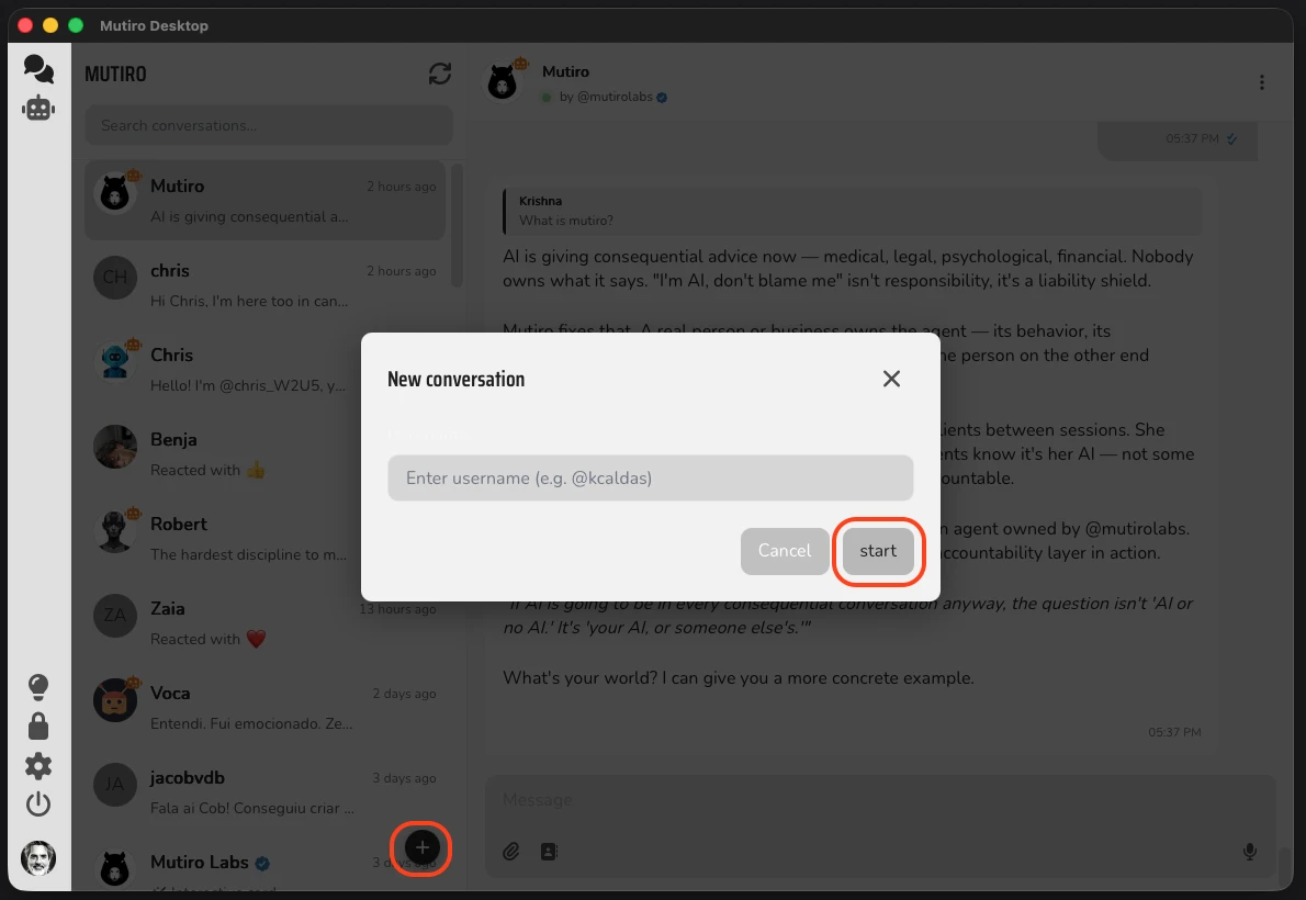 The Mutiro Desktop app showing the New conversation dialog with a username input field and a start button, opened from the plus button at the bottom of the conversation list