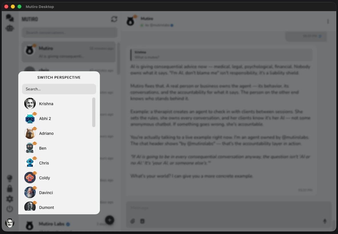 The bottom-left perspective switcher in the Mutiro Desktop app, with the Switch Perspective menu open and the tutor selectable from the list