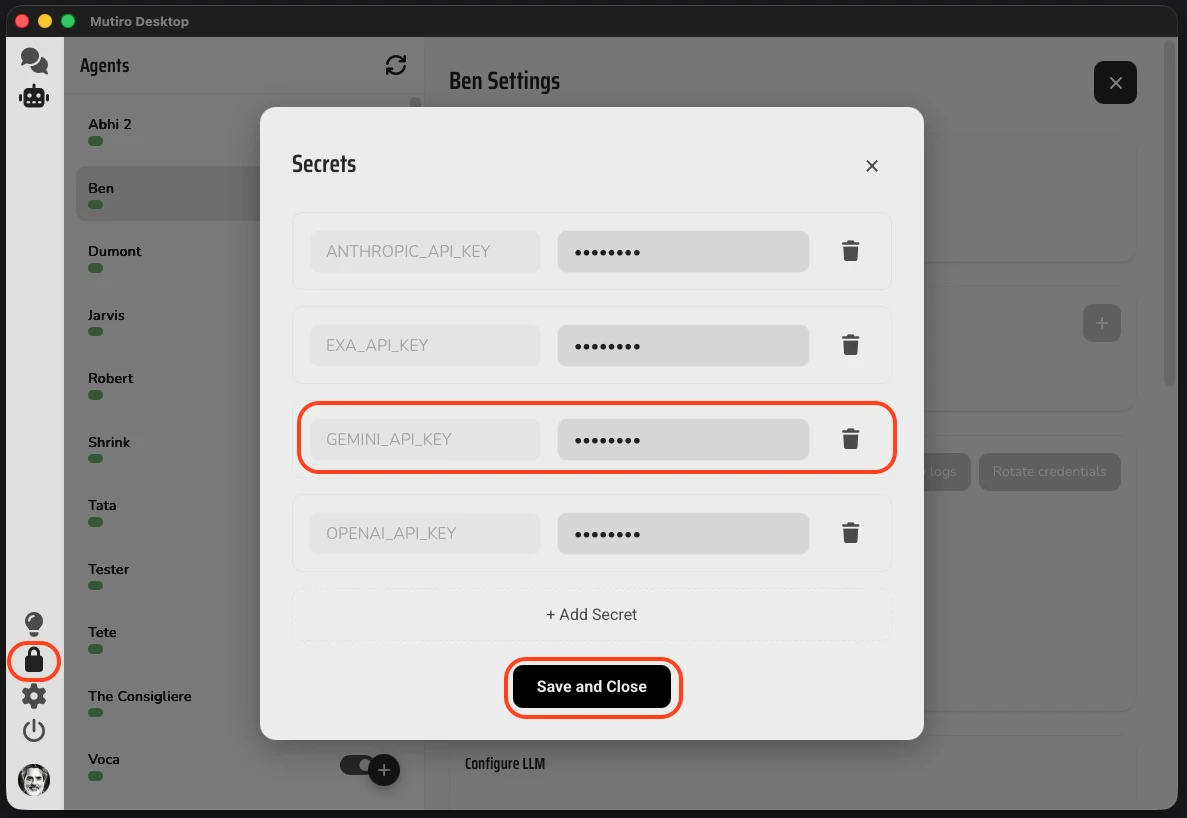 The Mutiro Desktop Secrets vault dialog with API key entries for Anthropic, EXA, Gemini, and OpenAI, and a Save and Close button