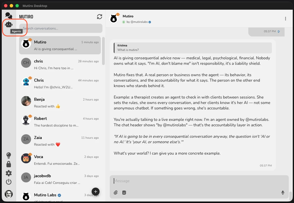 The Mutiro Desktop window with the Agents icon highlighted in the leftmost navigation strip