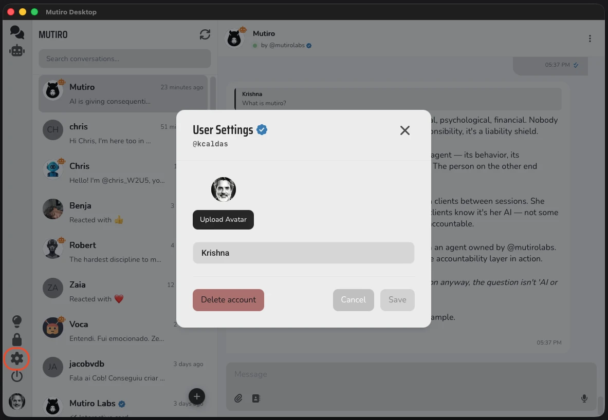 The Mutiro Desktop User Settings dialog showing avatar upload button, display name field, and Save button
